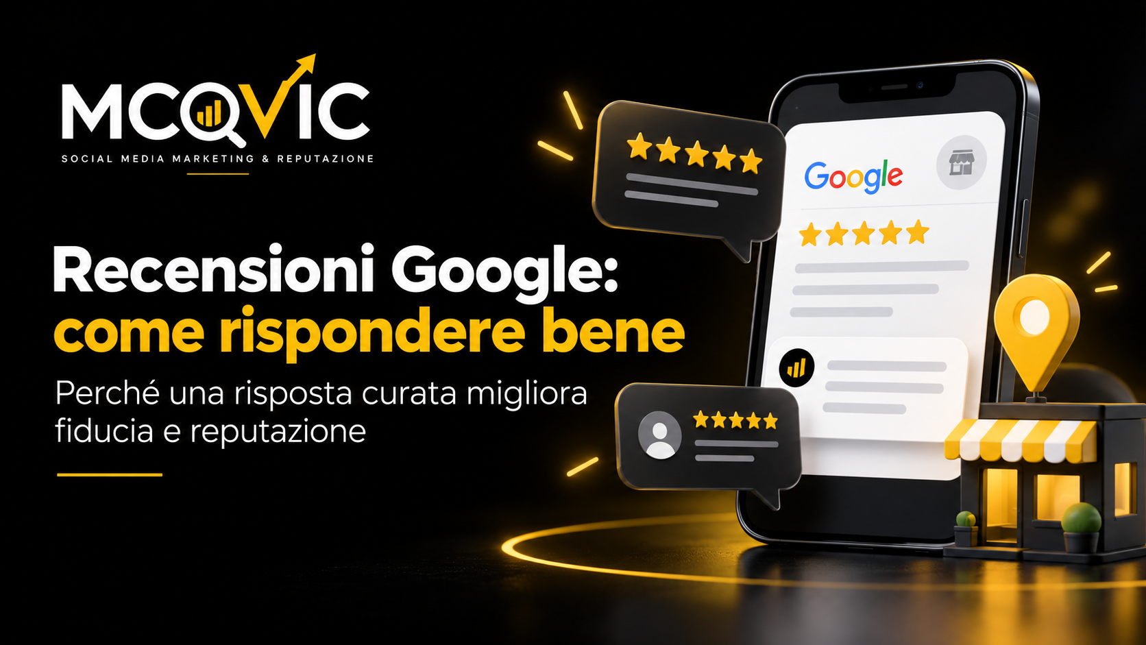 Recensioni Google: come rispondere bene, grafica Moovic con smartphone e valutazioni a stelle