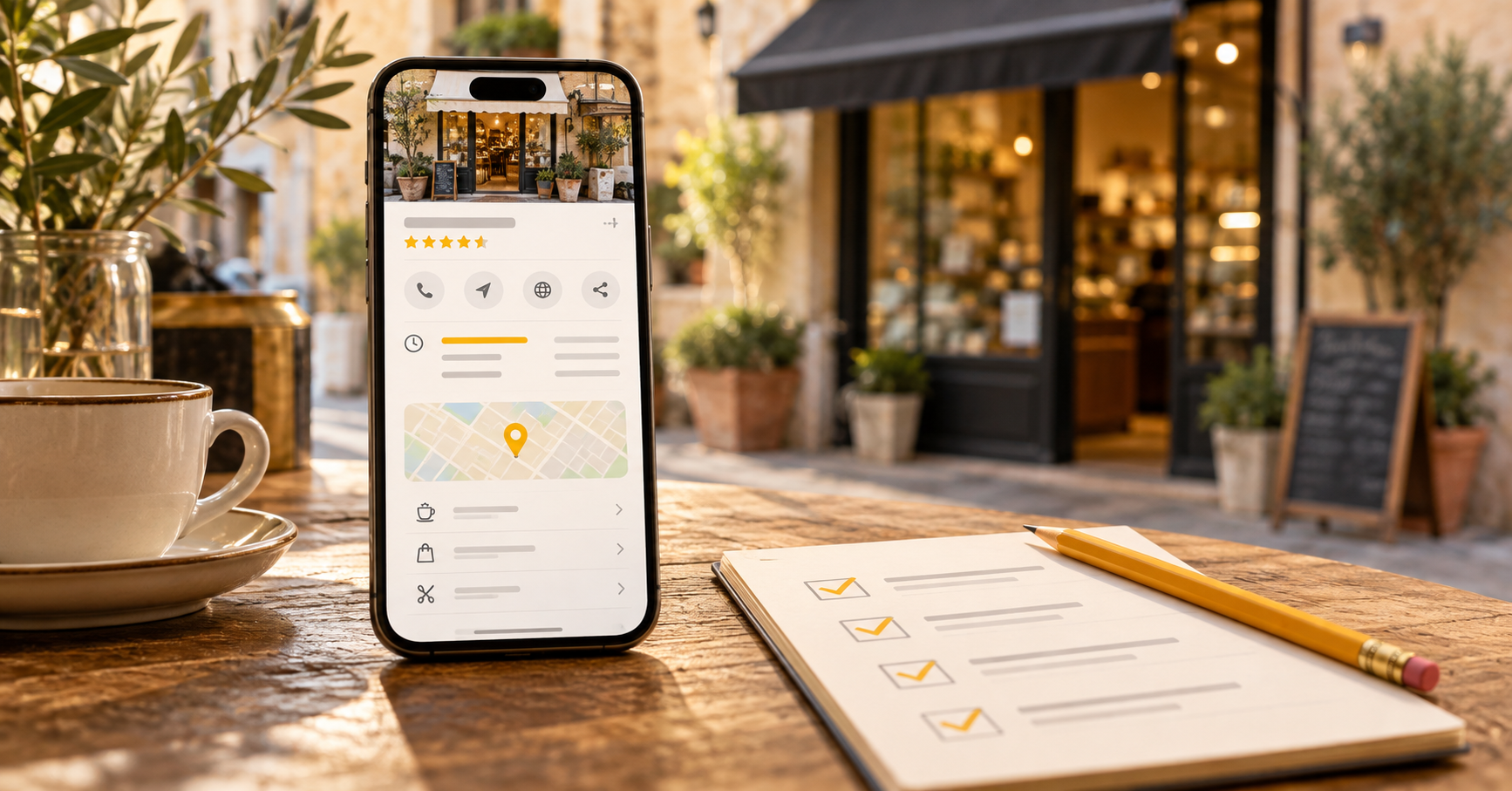 Smartphone con una scheda attività illustrativa, accanto a una checklist